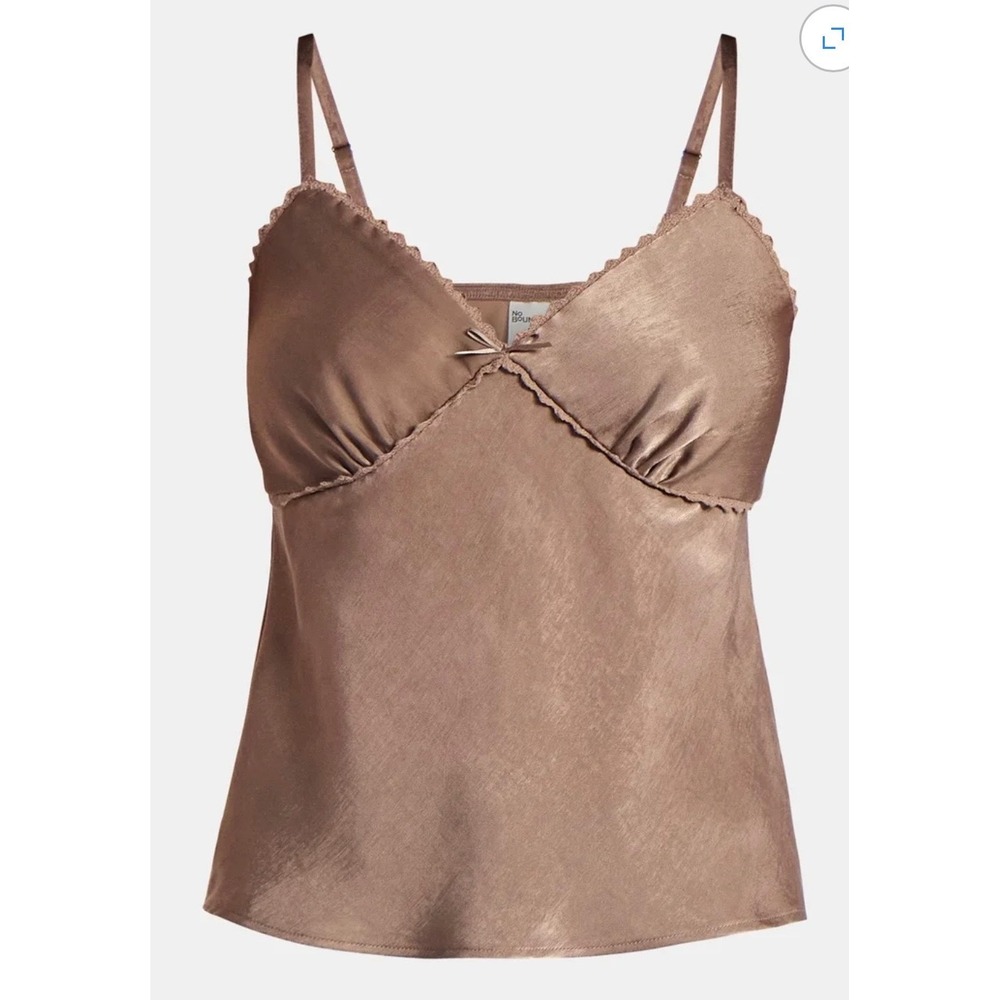 Boho Women Woven Cami XL Mocha Brown Satin Lace Trim Bow Top